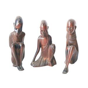 3 Hand-Carved African Tribal Art Ebony Figurines Folk Art